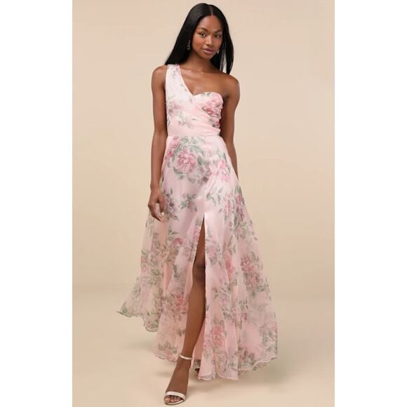 Lulus Truly Extraordinary Pink Floral One Shoulder Maxi Dress Formal Gown - Picture 1 of 9